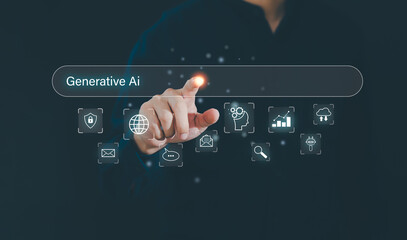 Concept of artificial intelligence (AI) and futuristic digital technology. Man using application to...