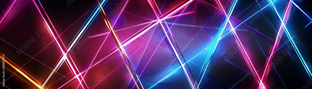 Poster geometric shapes formed by intersecting neon lines, pulsating with different colors