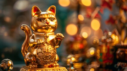 3D. Realistic. Printing. Illustrate. Generate AI. Traditional Japanese Lucky Cat, right front leg up, sitting on a pile of ancient coins, detailed kimono patterns, serene background.