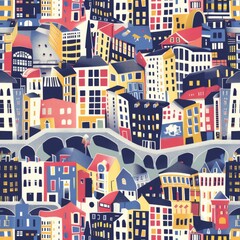 A whimsical cityscape in a seamless pattern, with abstracted buildings and bridges in a kaleidoscope of colors creating a playful urban wallpaper background.