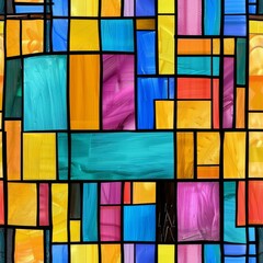 A seamless pattern mimicking stained glass with bold, contrasting blocks of color framed by black lines, creating a striking, modern wallpaper background.