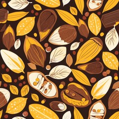 An appetizing pattern featuring artisan chocolate bars and cocoa beans nestled among golden leaves on a dark background, perfect for confectionery themes. Seamless pattern wallpaper background.