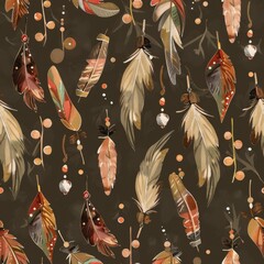 Earth-toned feathers and beads float on a dark backdrop in this bohemian pattern, invoking a sense of free-spirited artistry and earthy charm. Seamless pattern wallpaper background.