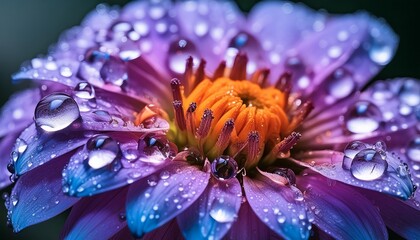 Macro shot of a vibrant purple flower with an orange center and detailed water droplets, conveying freshness, beauty, and tranquility. - Powered by Adobe