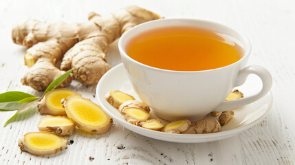 Cup of healthy drink with ginger on white background -