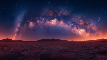Obraz premium A desolate desert landscape under a starry night sky, with the Milky Way galaxy stretching across the horizon