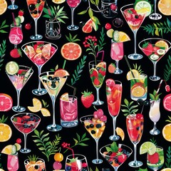 Seamless pattern boasts a vibrant selection of cocktails and snacks against a clean backdrop, reminiscent of a lively soire under a starlit sky, filled with cheer and elegance. Wallpaper background.