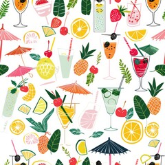 An inviting pattern with tropical cocktails and fruits, designed on a light background. Perfectly encapsulating a summer vibe, it brings joy and a taste of vacation. Seamless wallpaper.