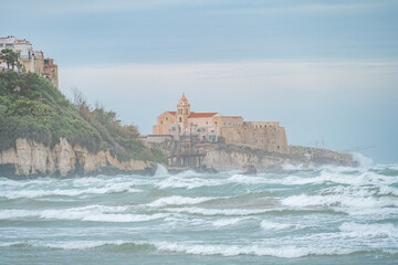 Beautiful old town of Vieste wit beach, Gargano peninsula, Apulia region, South of Italy