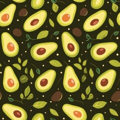 Whole and sliced avocados paired with vibrant basil leaves adorn this pattern, creating a fresh and appealing design against a dark, contrasting background. Seamless pattern wallpaper background.
