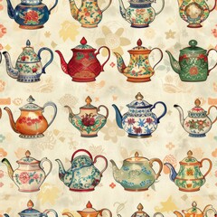 A variety of ornate teapots featuring diverse, intricate designs arranged in a repeating pattern on a floral background. The artistry of traditional tea culture. Seamless pattern wallpaper.