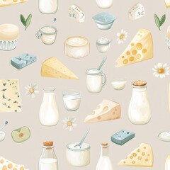 A seamless pattern featuring a variety of dairy products, from milk and cheese to yogurt, set against a light background, conveying a fresh and organic mood. Wallpaper background.