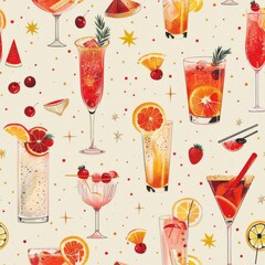 Seamless pattern boasts a vibrant selection of cocktails and snacks against a clean backdrop, reminiscent of a lively soire under a starlit sky, filled with cheer and elegance. Wallpaper background.