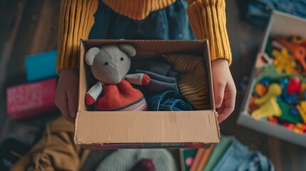 donations of clothes and children's toys in cardboard boxes