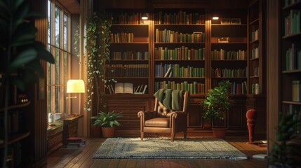 A warm, inviting library features a leather armchair, surrounded by bookshelves, plants, and soft lighting from a lamp and windows, during sunset.