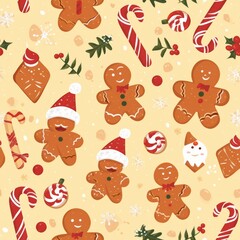 Cheerful Gingerbread Delights Holiday seamless Pattern. A festive holiday pattern teeming with gingerbread cookies, candy canes, and Christmas trees, embodying the sweetness and joy of the season.