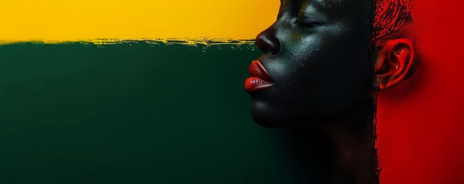 closeup of side profile black american african people with body face painting. background for commemorate freedom from slavery in America. Juneteenth celebrate photo concept.