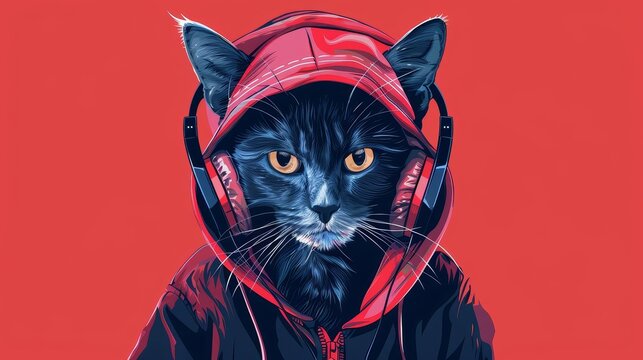 fashionable feline stylish cat wearing headphones and hoodie digital art illustration
