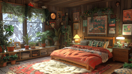 A cozy, cabin-inspired bedroom from the 1970s with a wooden platform bed and plush, furry rug