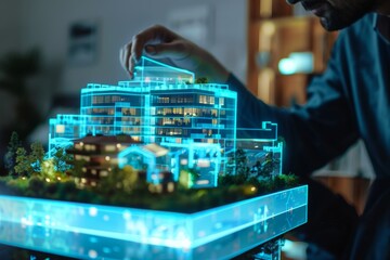 Architect Analyzing Holographic Model of Eco-Friendly Residential Area