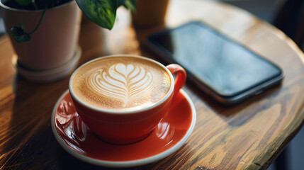 Cup of hot coffee and mobile phone on table - Powered by Adobe