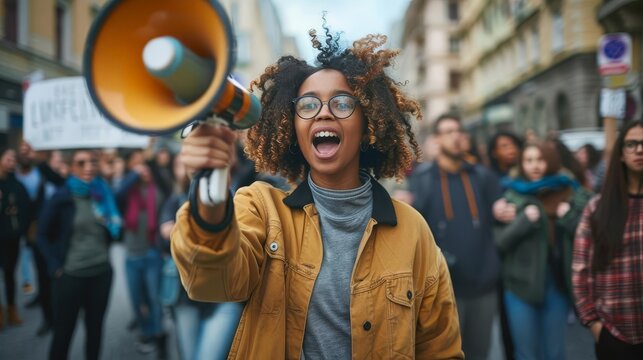 female activist leading protest with megaphone group of demonstrators in background social issues concept