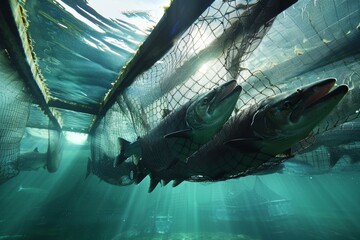 Sustainable Aquaculture: Modern Salmon Farming Underwater in Natural Water Body