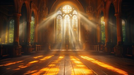 Classic church hall, with lights coming out of the large window, backlighting, and ray tracing