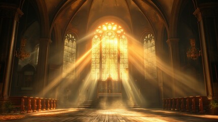 Classic church hall, with lights coming out of the large window, backlighting, and ray tracing