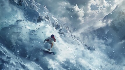 Naklejka premium A dynamic scene of a snowboarder battling to free themselves from thick, white snow, with dramatic mountain backdrop