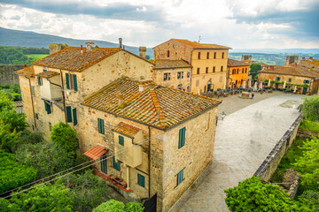 View of Monteriggioni, Tuscany medieval town on the hill.