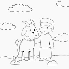 coloring page for kids about boy muslim character with goat