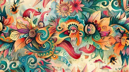A vibrant tapestry of whimsical jungle creatures and florals