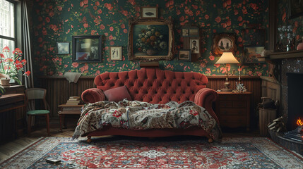A cozy vintage bedroom with a fireplace, a tufted velvet sofa, and vintage floral wallpaper on the...