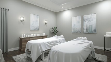 A serene spa room with two massage tables covered in white linens, ambient lighting, candles, and soft decor, providing a peaceful atmosphere for relaxation and rejuvenation.