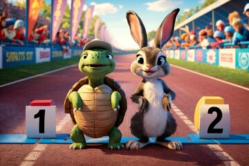 Turtle and rabbit at the start of a racetrack symbolize slow and steady wins the race in business success.