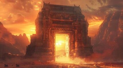 Ancient gateway with intricate carvings, glowing in ethereal light, set in a desert with a dramatic sunset