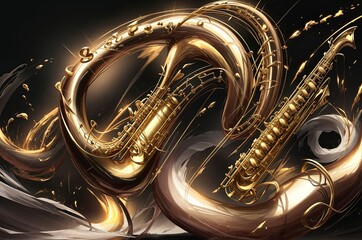 A futuristic Saxophone with Smooth, curving lines and elegant shapes in rich, dark tones representing the cool of rhythm and music
