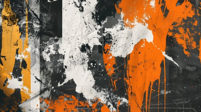 Abstract grunge design featuring orange and white paint smudges, contrasted with black graffiti elements, perfect for rebellious aesthetics