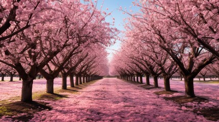 A panoramic view of a cherry blossom orchard, with rows of trees stretching into the distance.