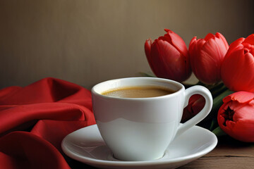 Still life with vibrant red tulips and a cup of coffee. Elegant and cozy scene