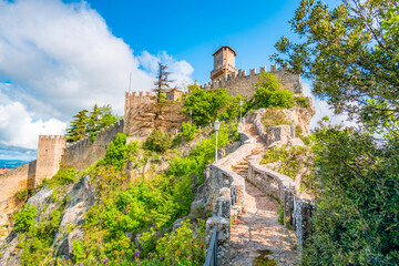 San Marino city view. Fortress on the rock. San Marino landmark. Italy.