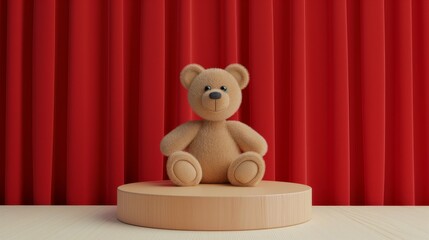 A teddy bear sits on a round pedestal, the background is red curtains  background, a showcase for displaying goods. 3D rendering.