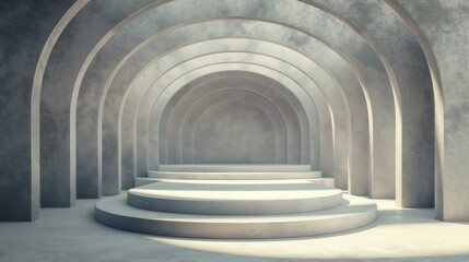 An empty round podium, a gray arch, minimalism, a showcase for displaying goods. 3D rendering.