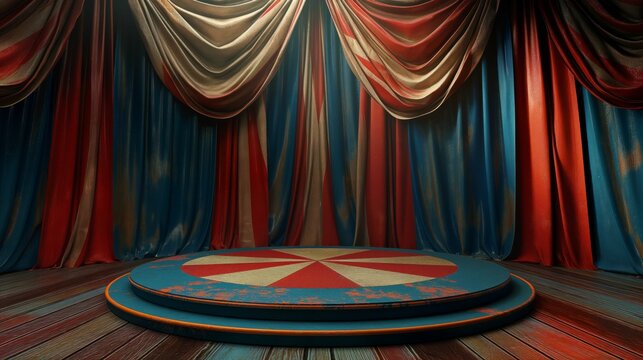 An empty podium is the background of a circus stage, in front of a showcase for displaying goods. 3D rendering.