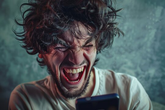 Hysterischer Mann mit Smartphone, Hysterical man with smartphone