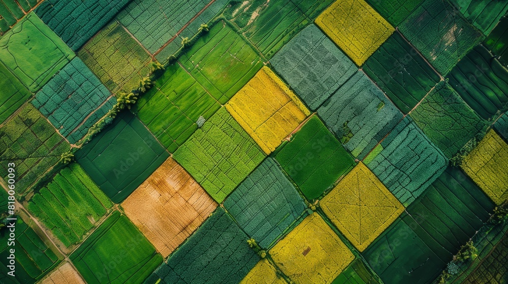 Poster a field of green and yellow crops with a checkerboard pattern
