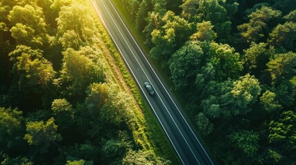 Scenic aerial view of car driving through green forest on sunset road trip adventure beauty nature landscape travel concept