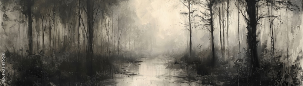 Poster a painting of a forest with a path through it