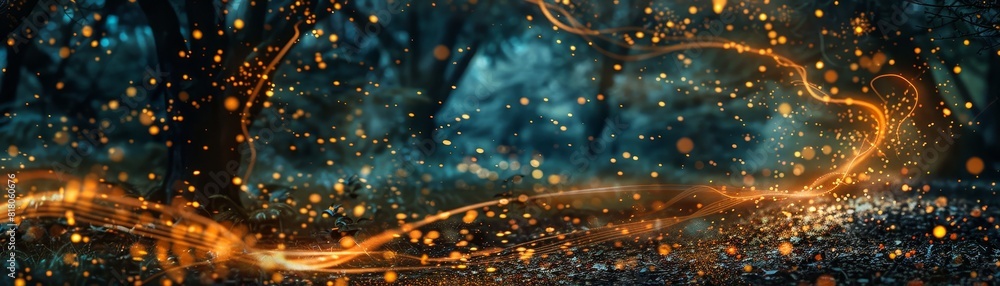 Poster a forest scene with glowing sparks and a tree in the foreground
